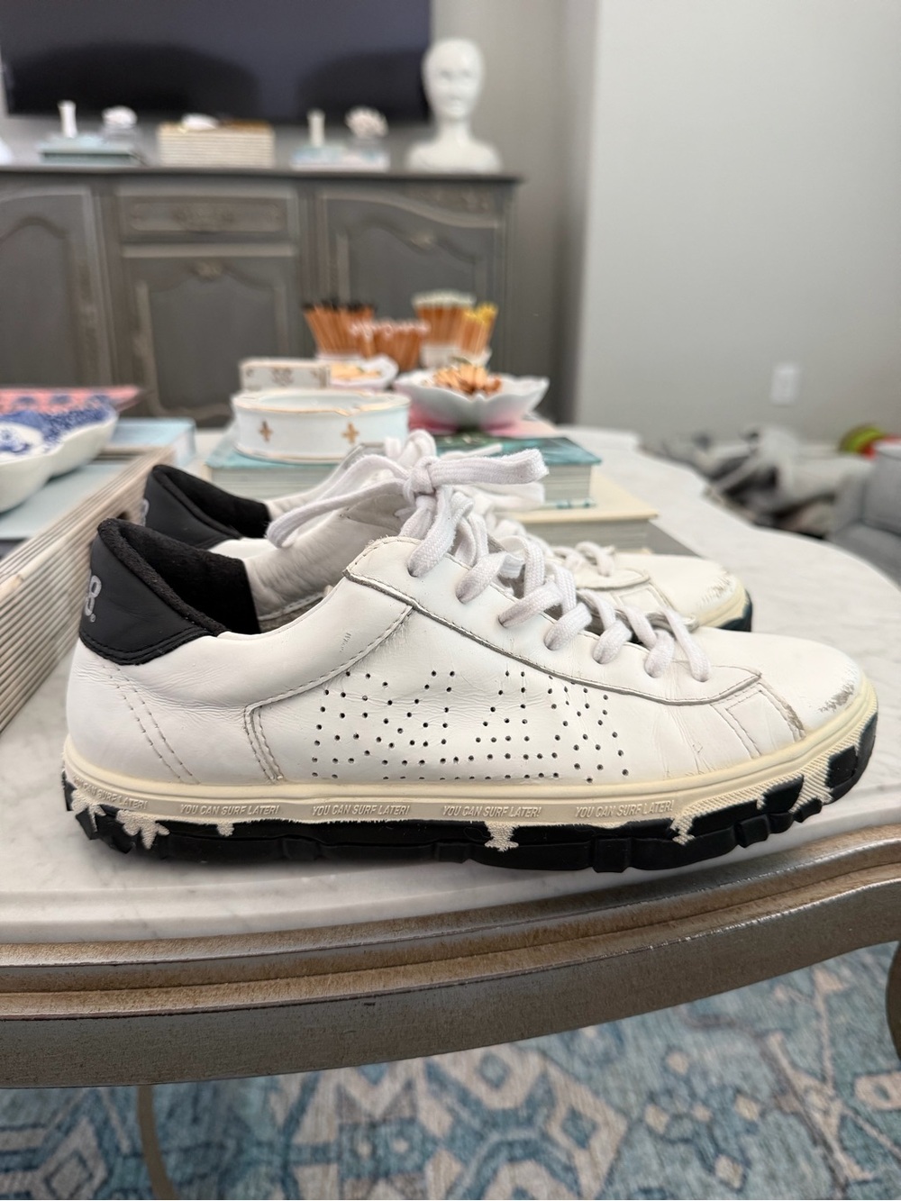 Women’s P448 White Leather Sneakers with Black Accents